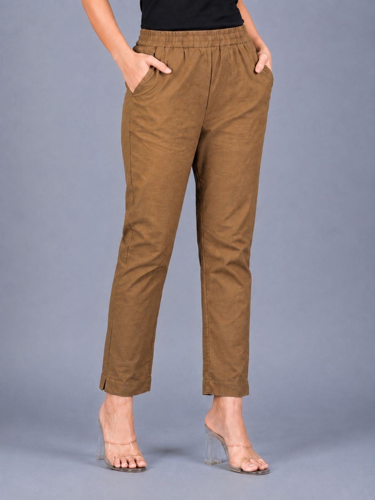 Beige & Brown Regular Fit Elastic Cotton Trouser Combo