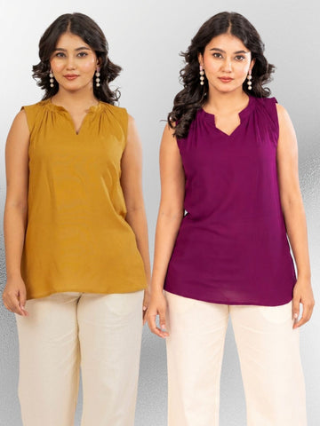 Camel & Magenta Viscose Gathered Neckline Tops Combo