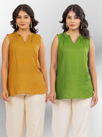 Camel & Mehndi Viscose Gathered Neckline Tops Combo