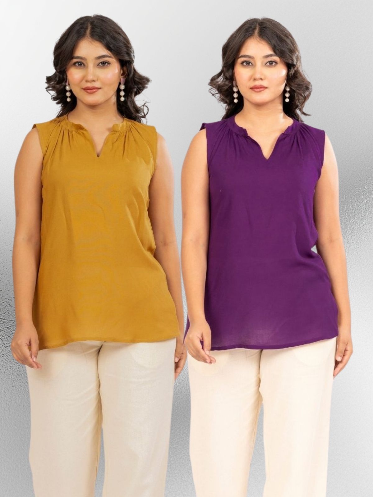 Camel & Purple Viscose Gathered Neckline Tops Combo