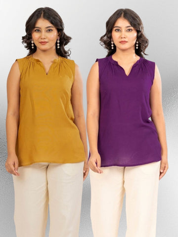 Camel & Purple Viscose Gathered Neckline Tops Combo