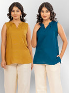 Camel & TealBlue Viscose Gathered Neckline Tops Combo