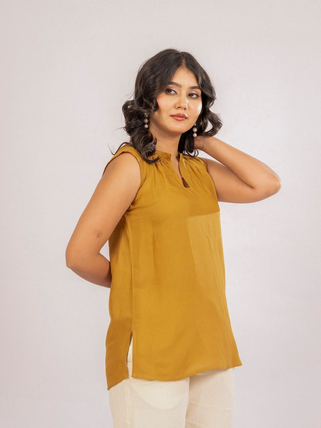 Camel & TealBlue Viscose Gathered Neckline Tops Combo