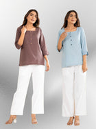 Chocolate & Firozi Everyday Cotton Square Neck Top