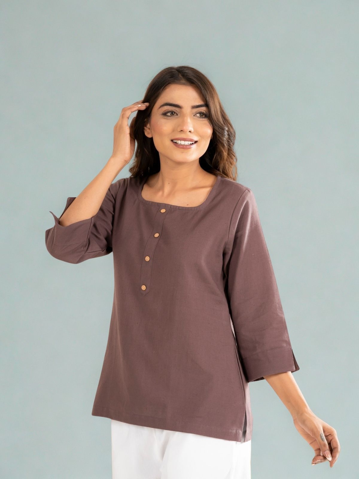 Blue & Chocolate Everyday Cotton Square Neck Top