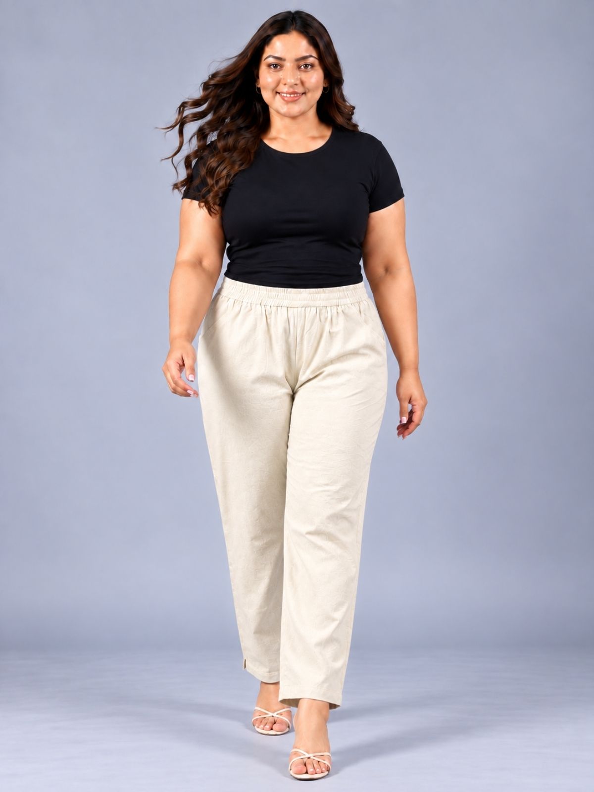 Cream Regular Fit Elastic Plus Sizes Cotton Trouser