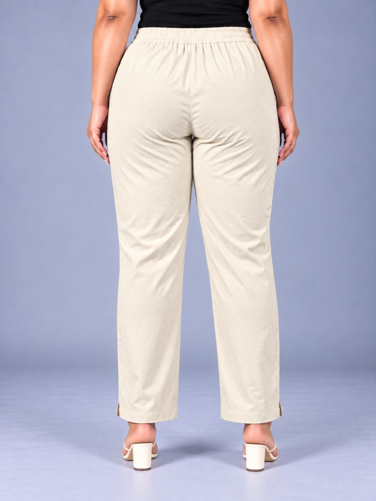 Cream Regular Fit Elastic Plus Sizes Cotton Trouser
