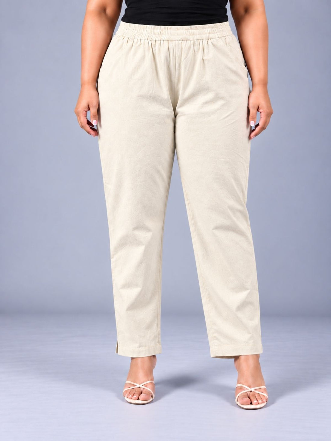 Cream Regular Fit Elastic Plus Sizes Cotton Trouser