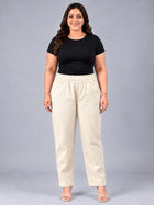 Cream Regular Fit Elastic Plus Sizes Cotton Trouser