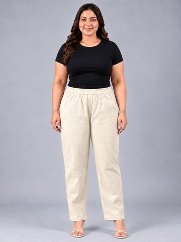 Cream Regular Fit Elastic Plus Sizes Cotton Trouser