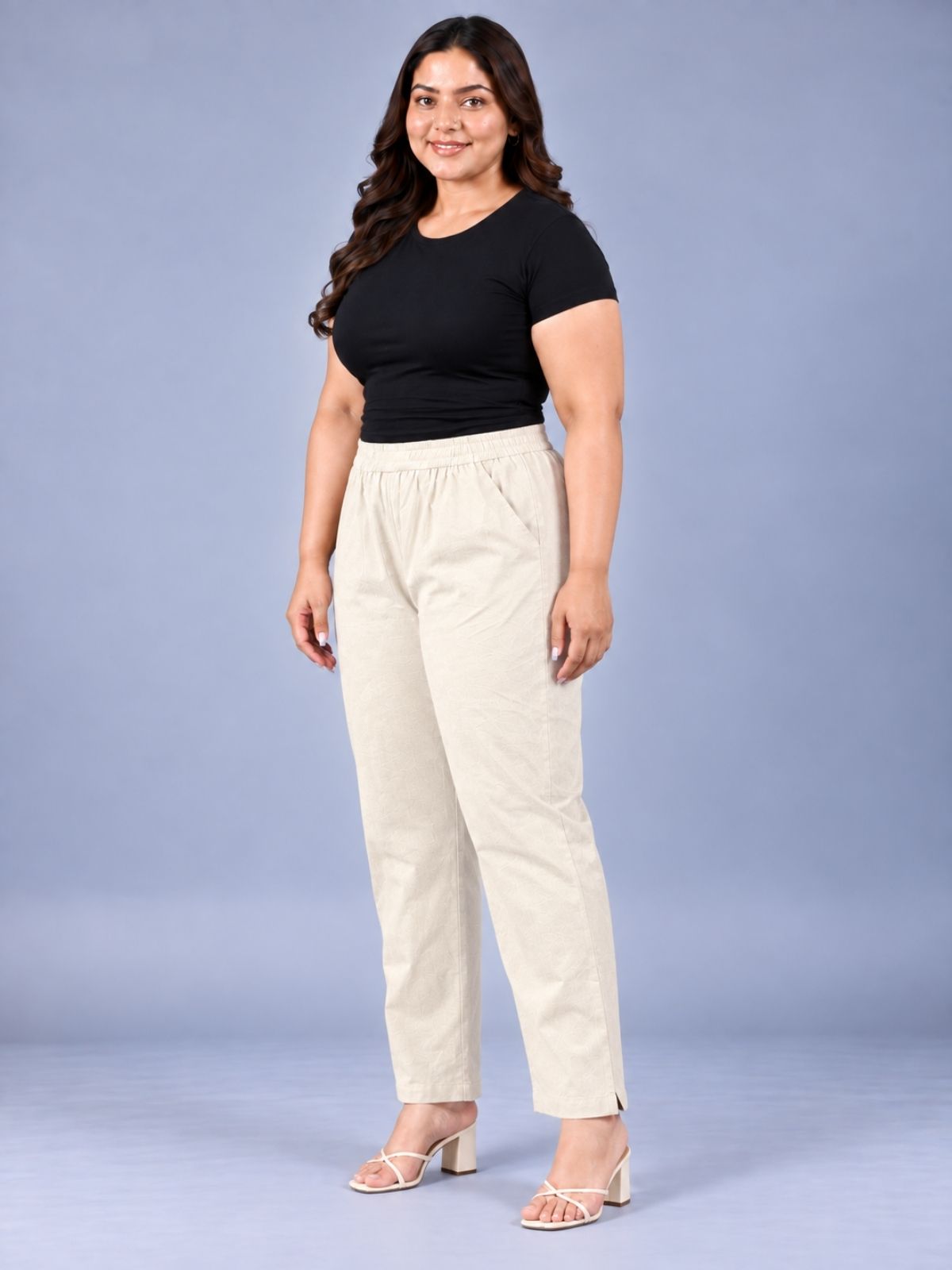 Cream Regular Fit Elastic Plus Sizes Cotton Trouser