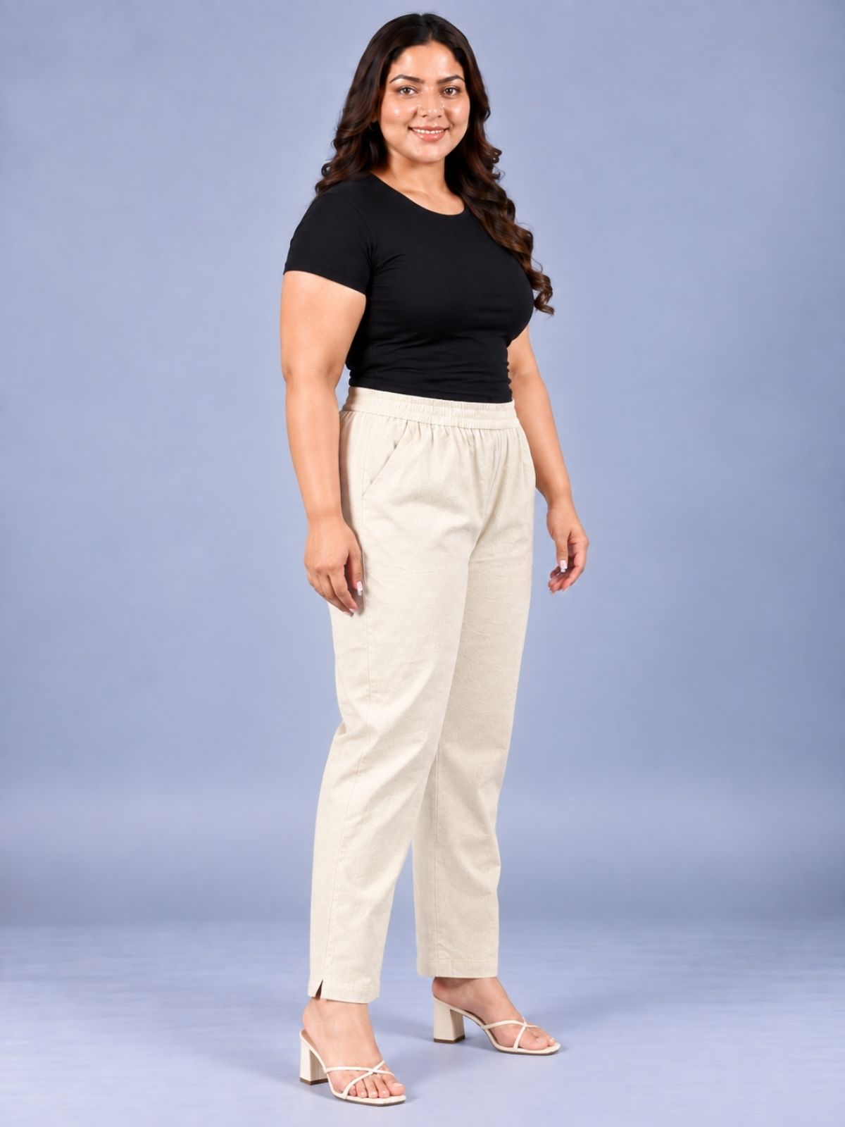 Cream Regular Fit Elastic Plus Sizes Cotton Trouser