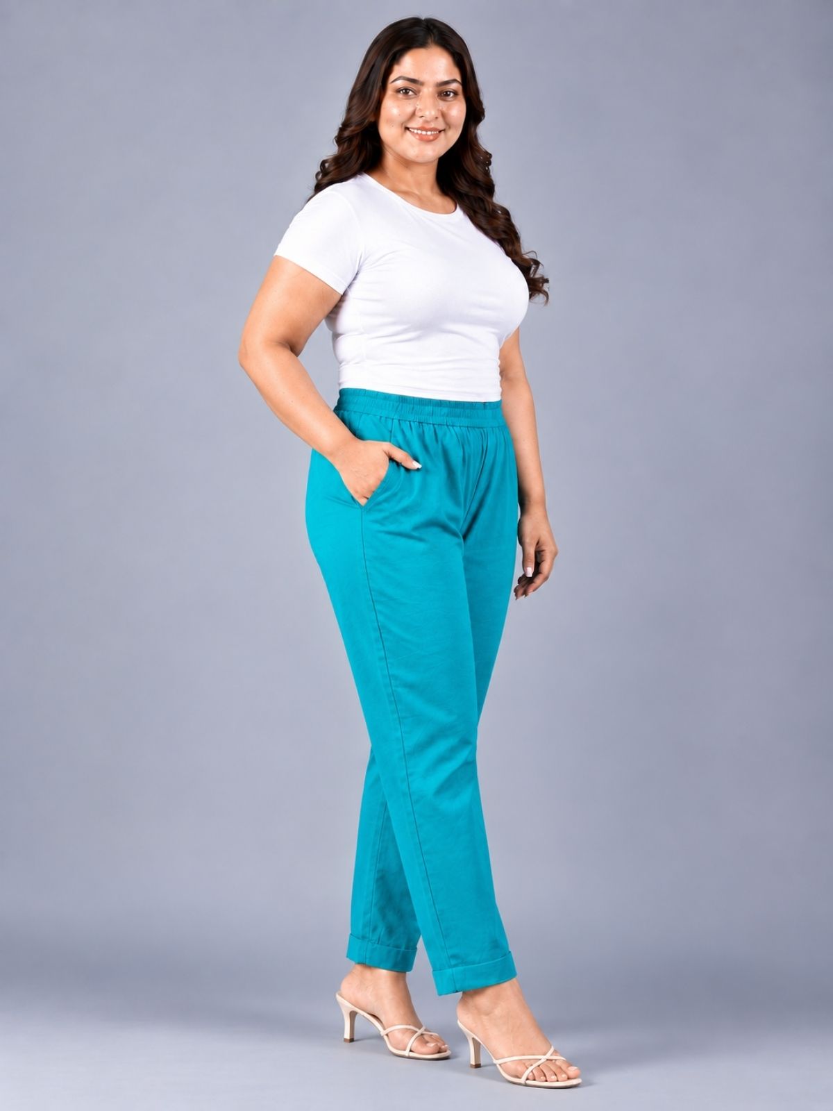 Cyan Regular Fit Elastic Plus Sizes Cotton Trouser