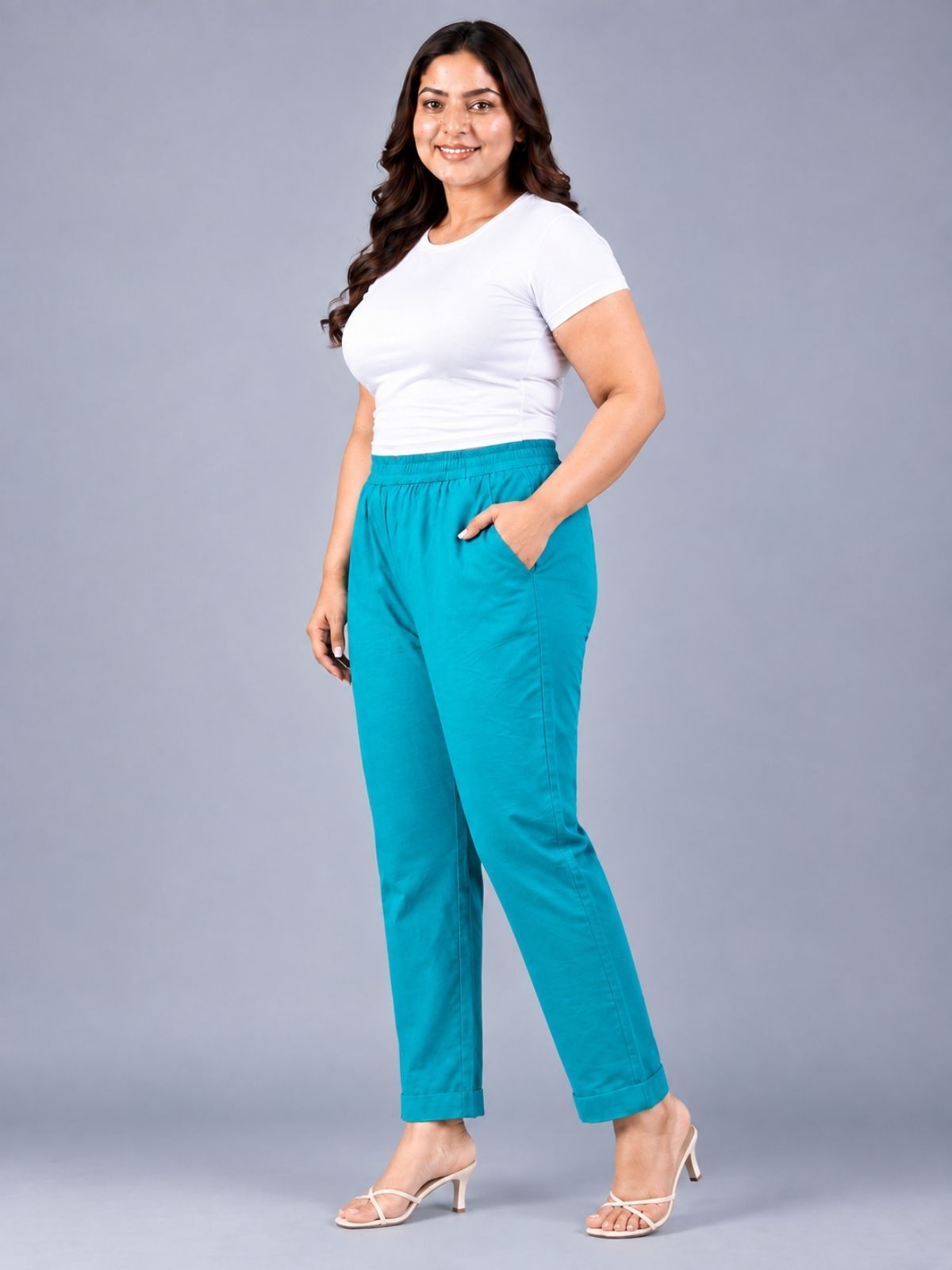Cyan Regular Fit Elastic Plus Sizes Cotton Trouser