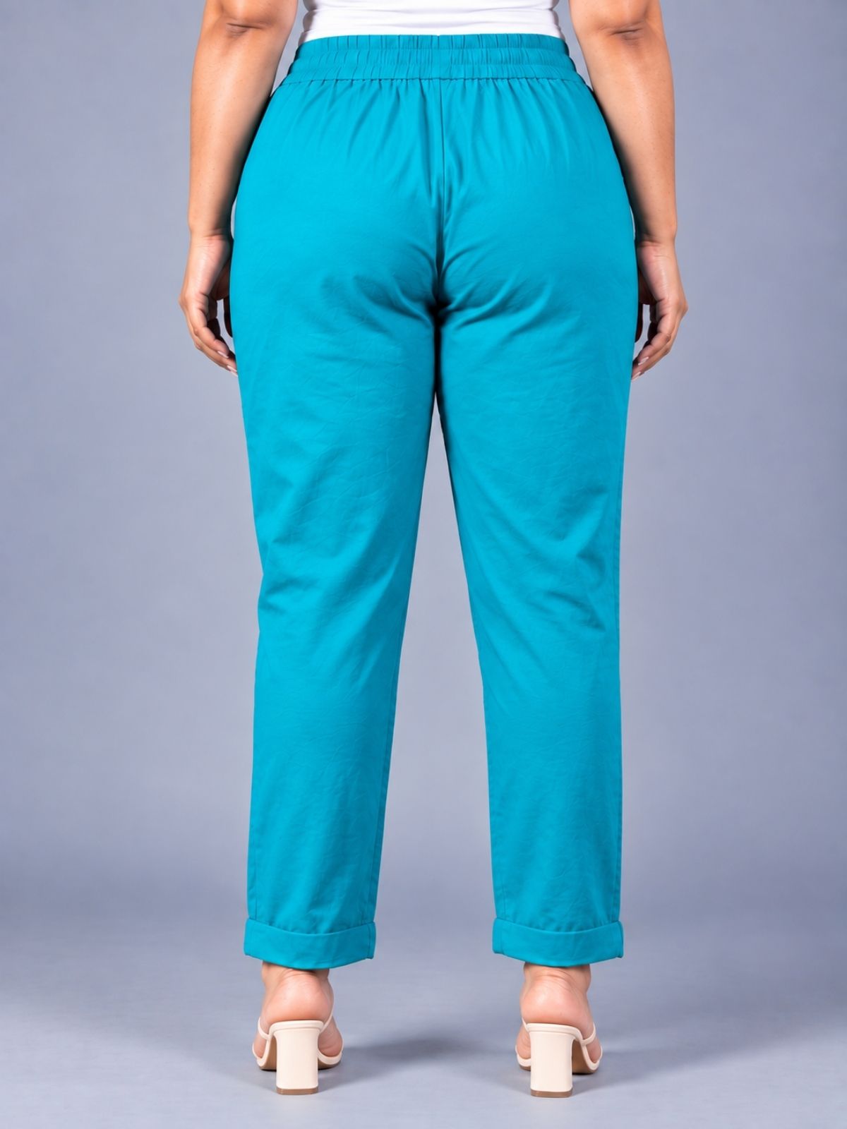 Cyan Regular Fit Elastic Plus Sizes Cotton Trouser