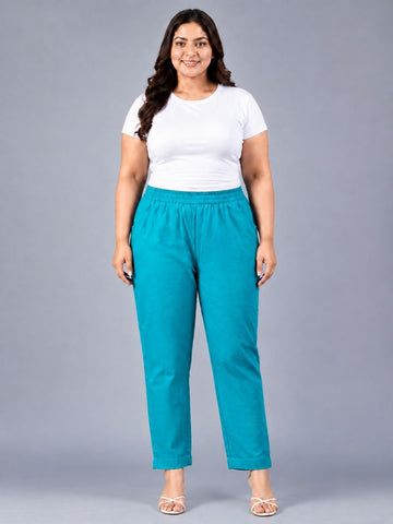 Cyan Regular Fit Elastic Plus Sizes Cotton Trouser