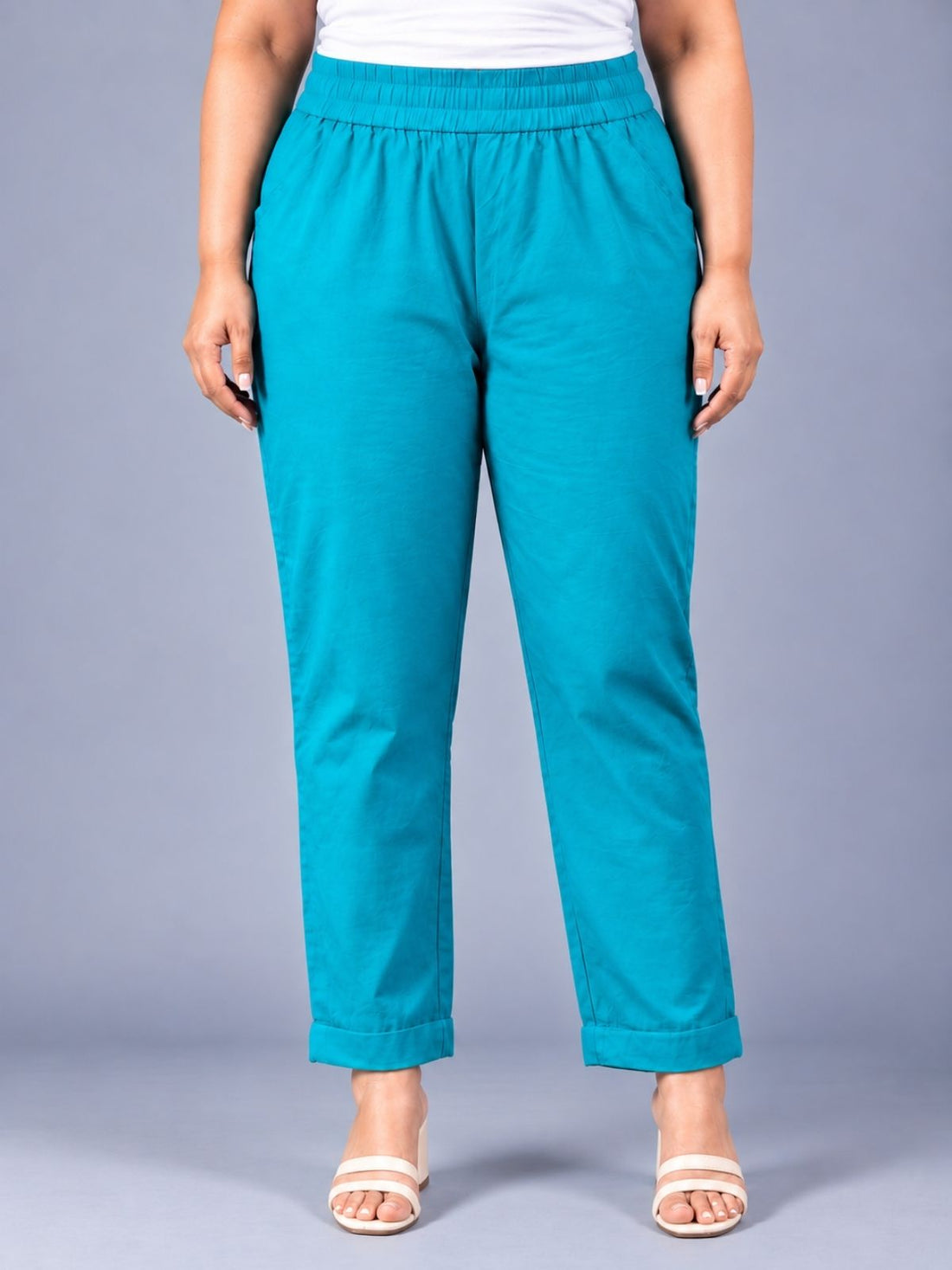 Cyan Regular Fit Elastic Plus Sizes Cotton Trouser