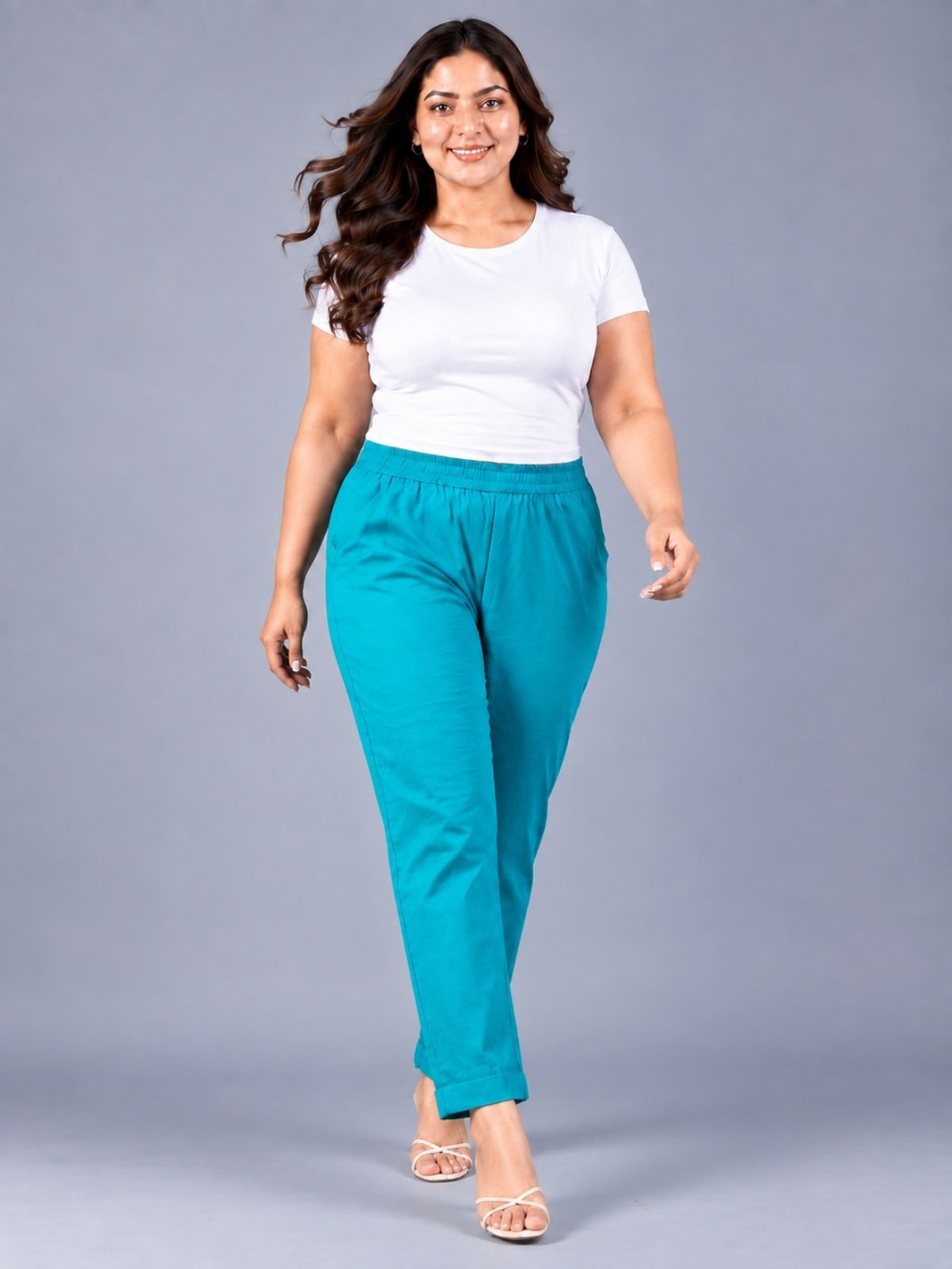 Cyan Regular Fit Elastic Plus Sizes Cotton Trouser