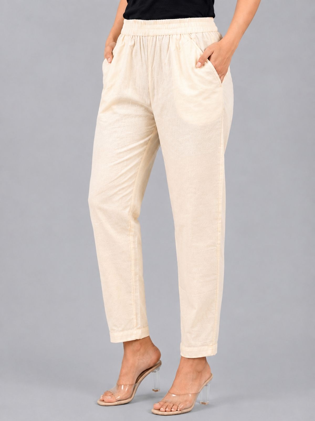 Beige & Cream Regular Fit Elastic Cotton Trouser Combo