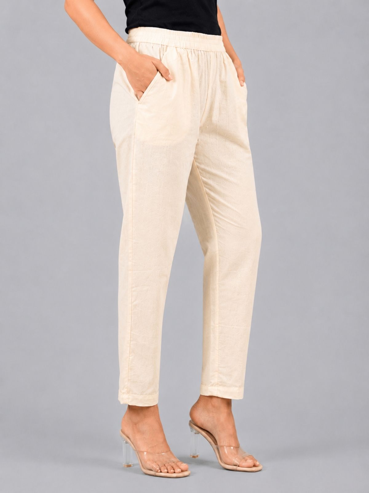 Bottle Green & Cream Regular Fit Elastic Cotton Trouser Combo