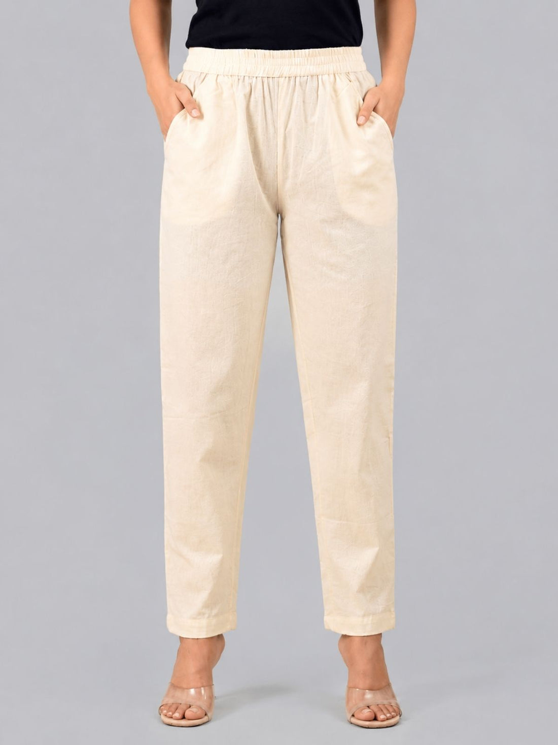 Cream & Grey Regular Fit Elastic Cotton Trouser Combo