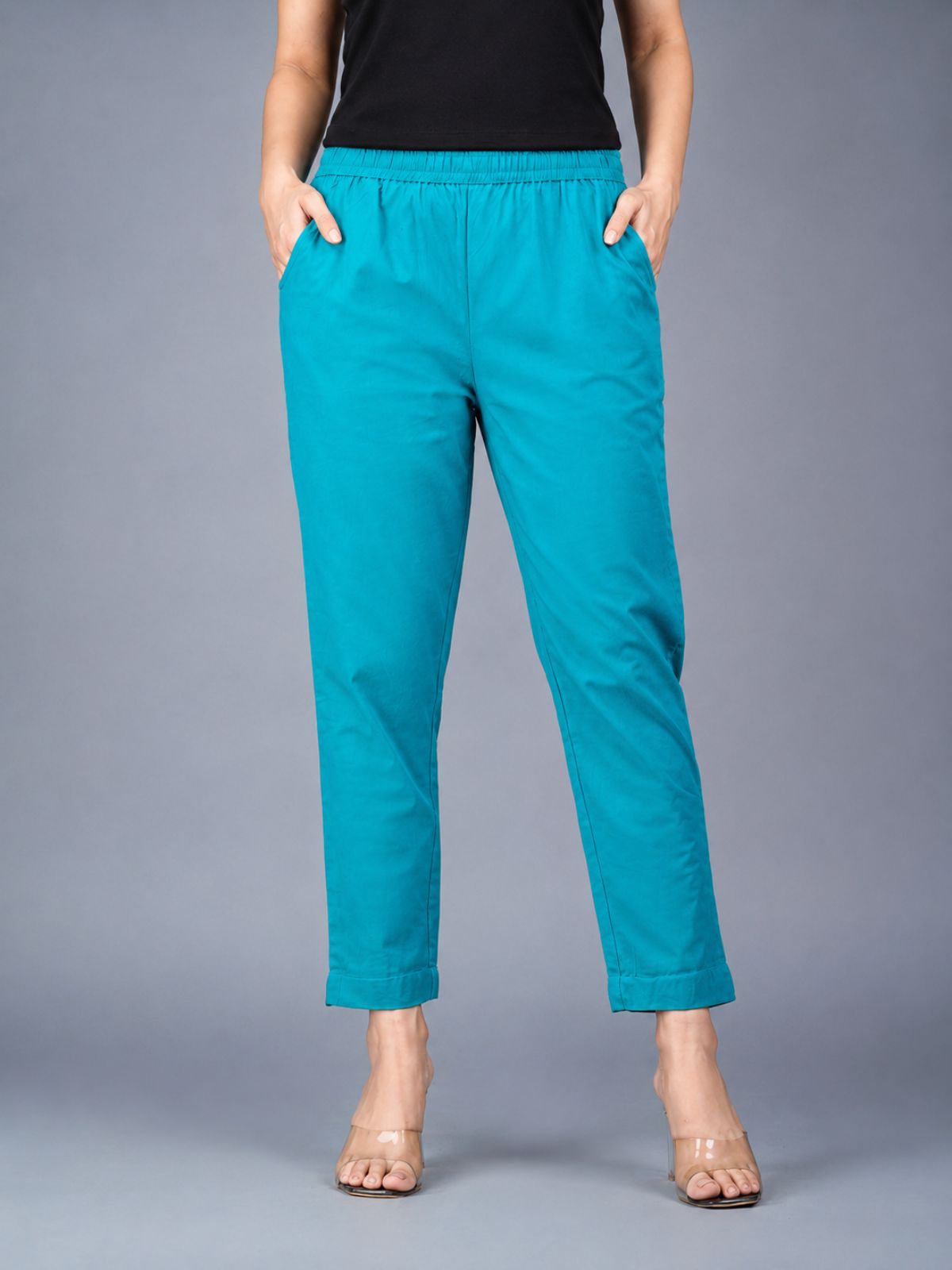 Beige & Cyan Regular Fit Elastic Cotton Trouser Combo