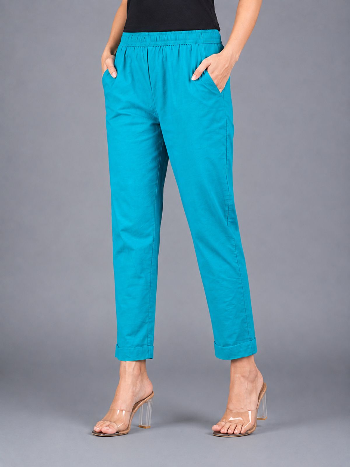 Beige & Cyan Regular Fit Elastic Cotton Trouser Combo