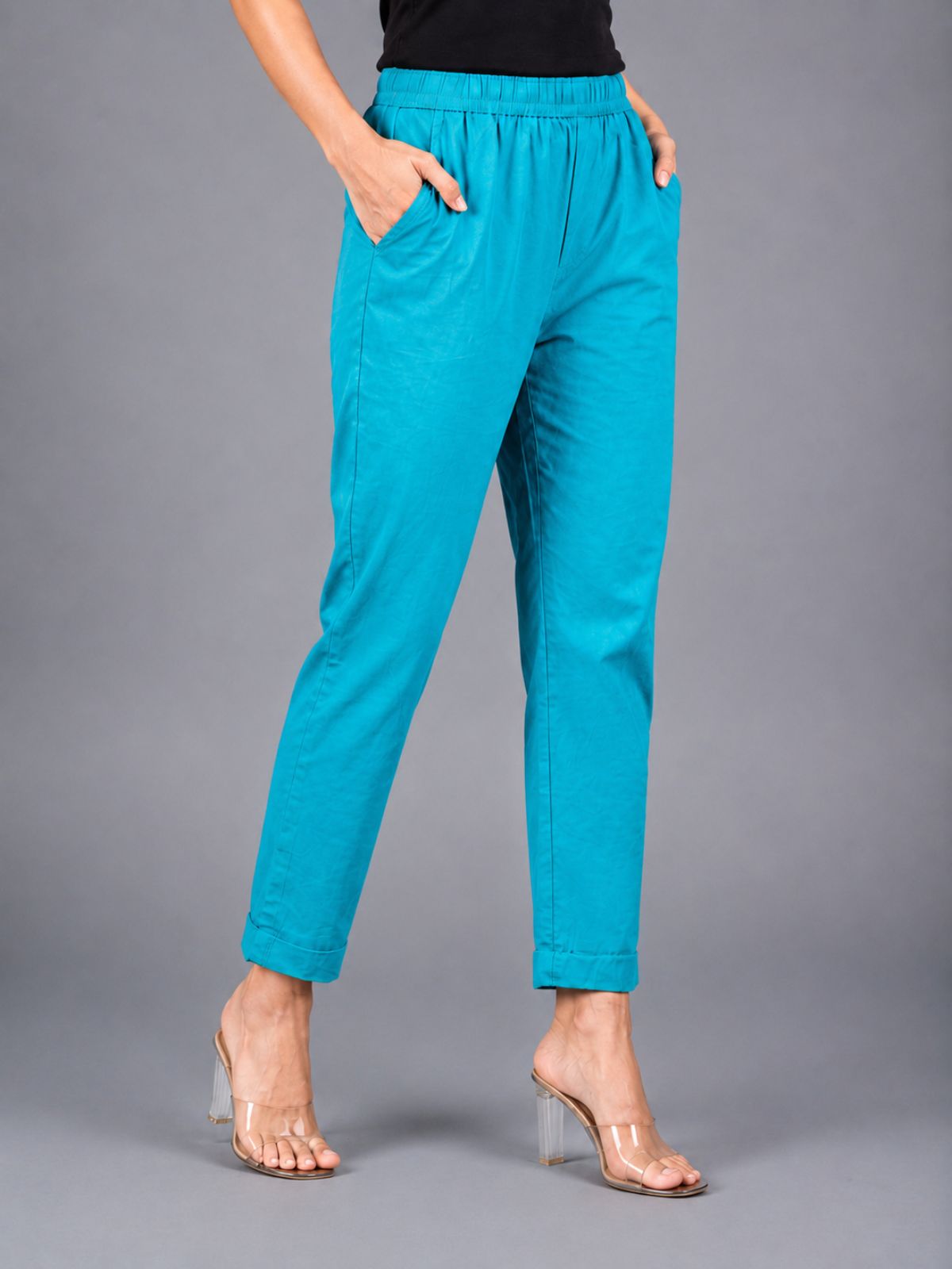 Bottle Green & Cyan Regular Fit Elastic Cotton Trouser Combo