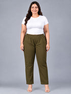 Dark Green Regular Fit Elastic Plus Sizes Cotton Trouser