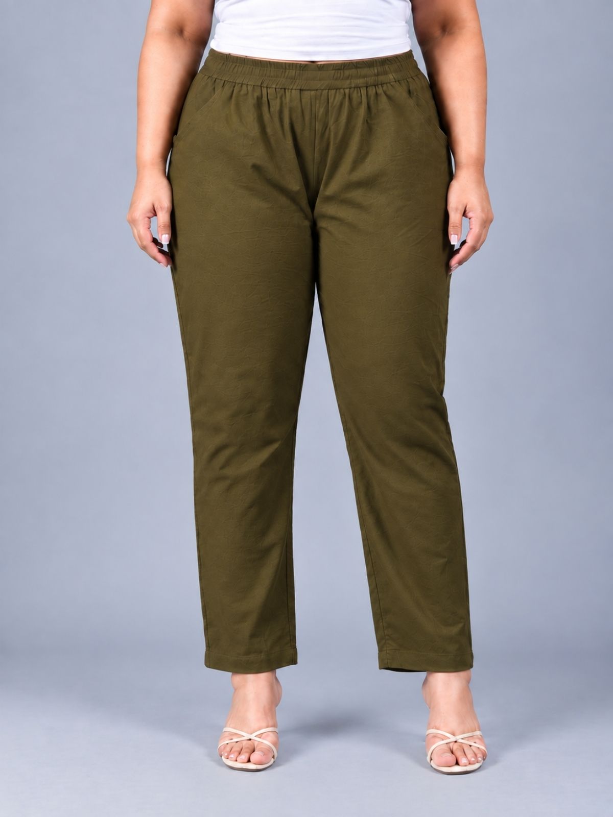 Dark Green Regular Fit Elastic Plus Sizes Cotton Trouser