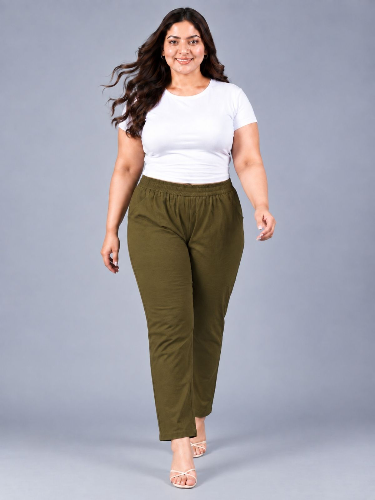 Dark Green Regular Fit Elastic Plus Sizes Cotton Trouser