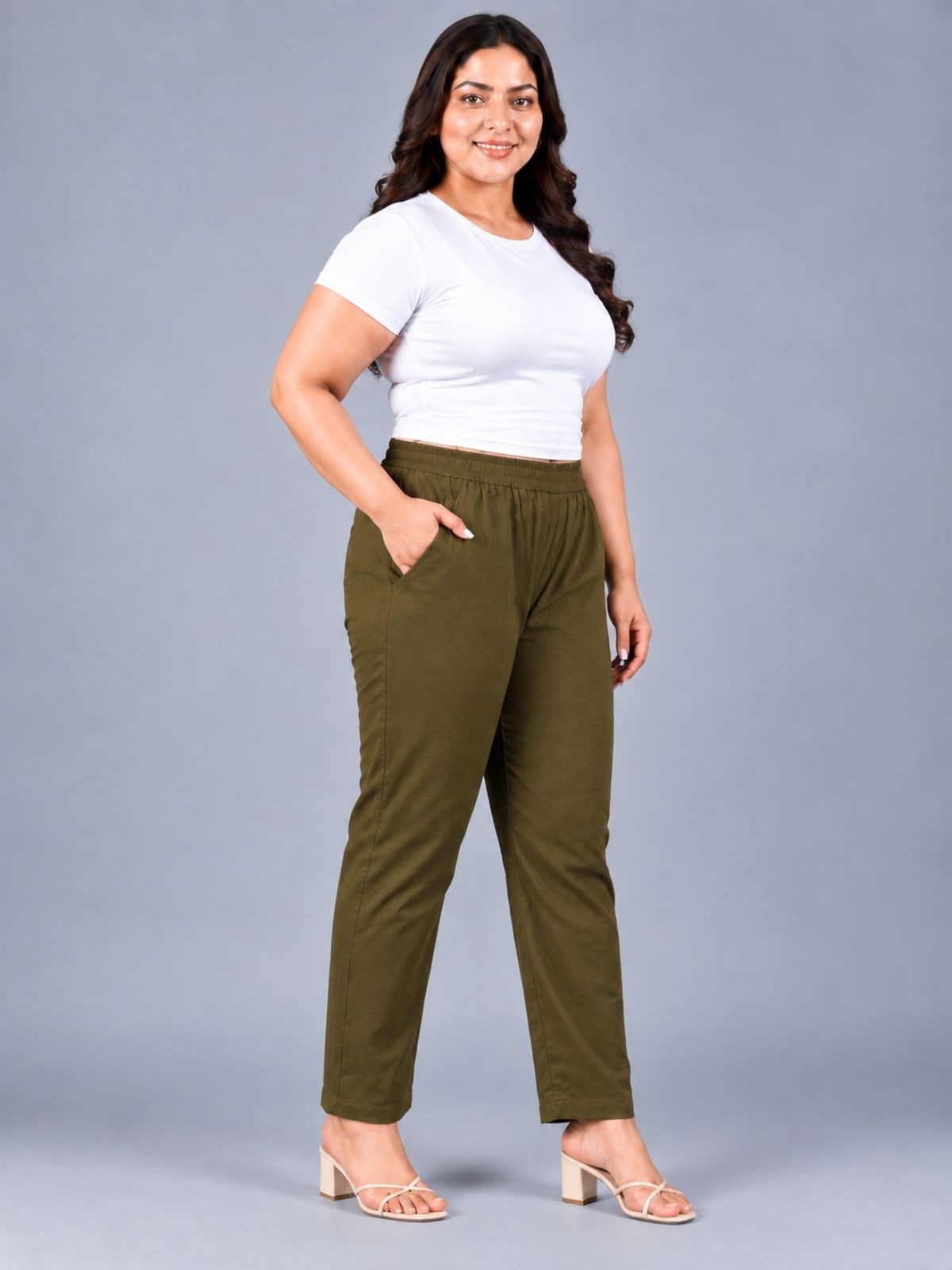 Dark Green Regular Fit Elastic Plus Sizes Cotton Trouser