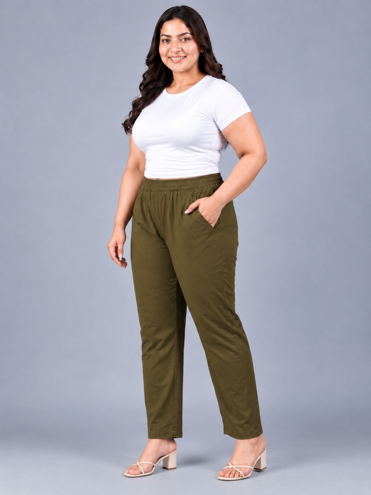 Dark Green Regular Fit Elastic Plus Sizes Cotton Trouser