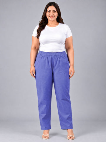 Denim Blue Regular Fit Elastic Plus Sizes Cotton Trouser