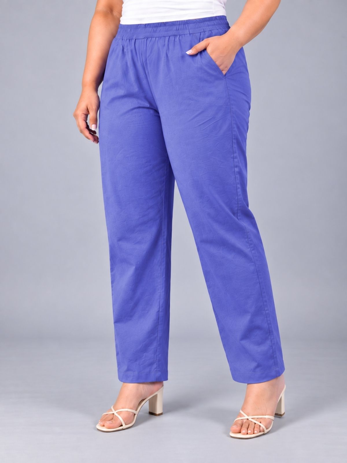 Denim Blue Regular Fit Elastic Plus Sizes Cotton Trouser