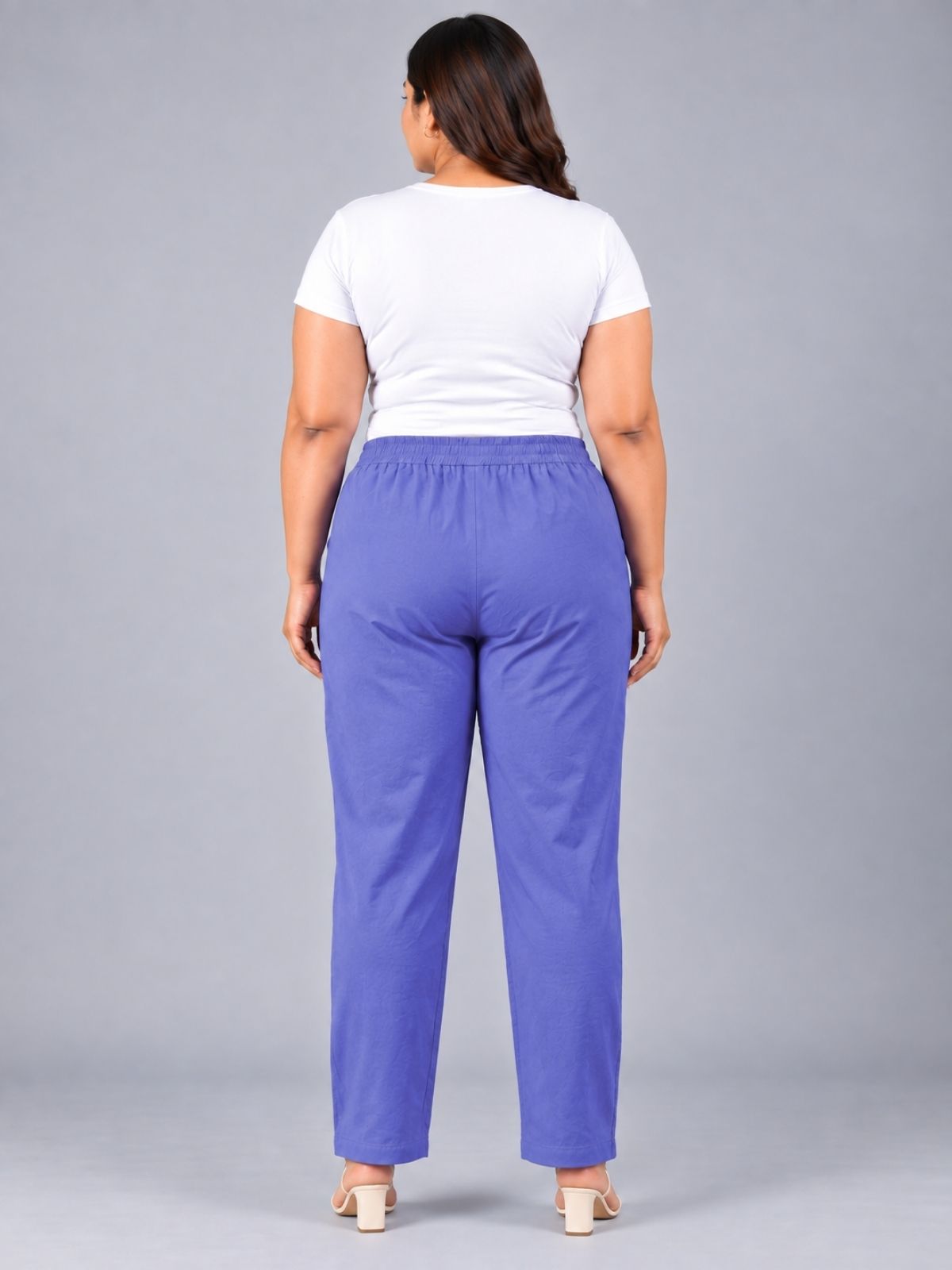 Denim Blue Regular Fit Elastic Plus Sizes Cotton Trouser