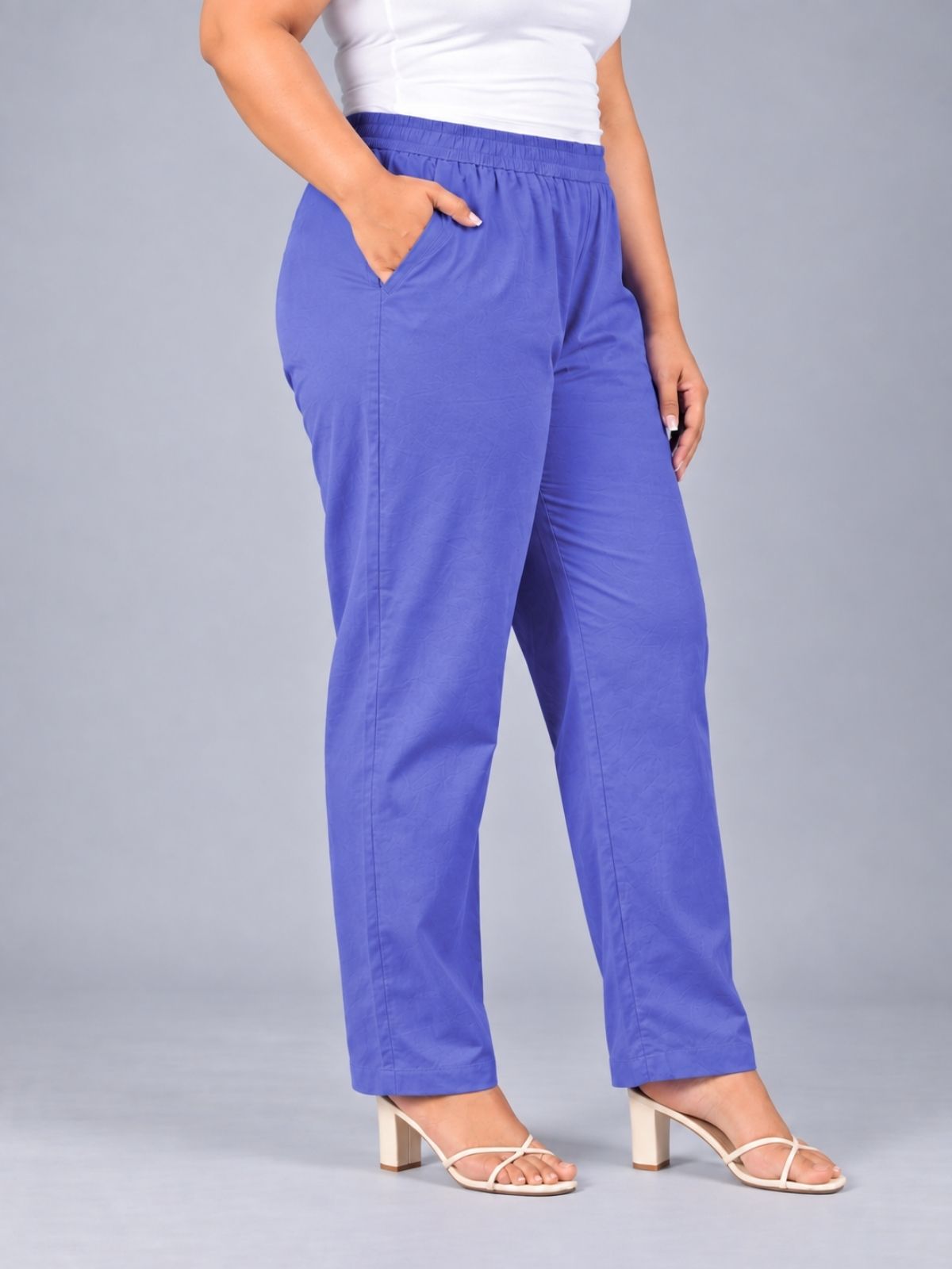 Denim Blue Regular Fit Elastic Plus Sizes Cotton Trouser