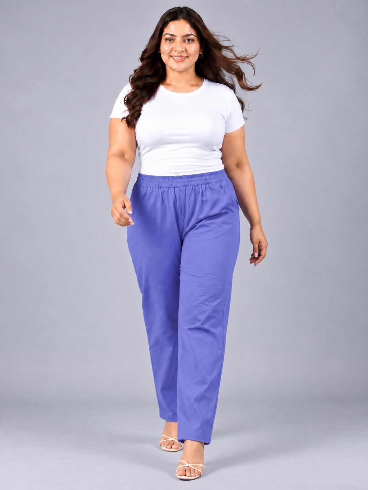 Denim Blue Regular Fit Elastic Plus Sizes Cotton Trouser