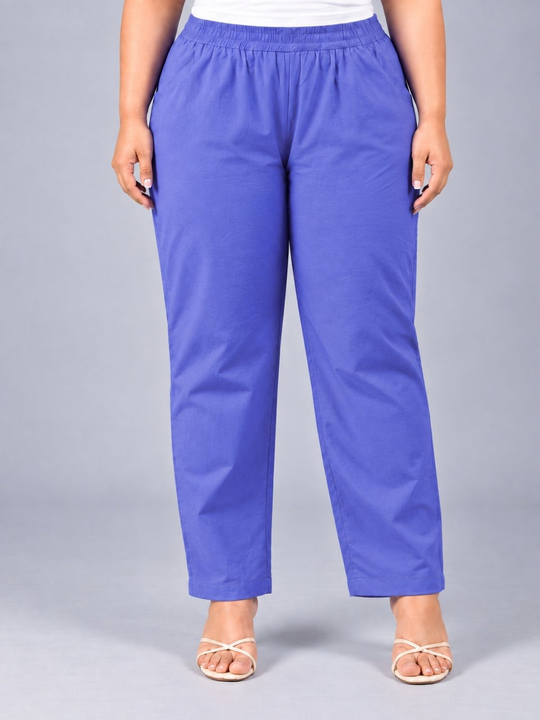 Denim Blue Regular Fit Elastic Plus Sizes Cotton Trouser