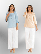 Firozi & Light Beige Everyday Cotton Square Neck Top