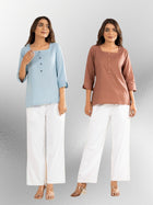 Firozi & Light Brown Everyday Cotton Square Neck Top