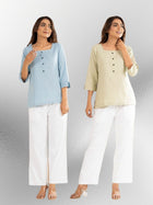 Firozi & Light Green Everyday Cotton Square Neck Top