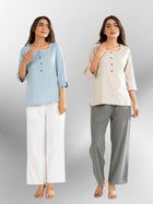 Firozi & Light Grey Everyday Cotton Square Neck Top
