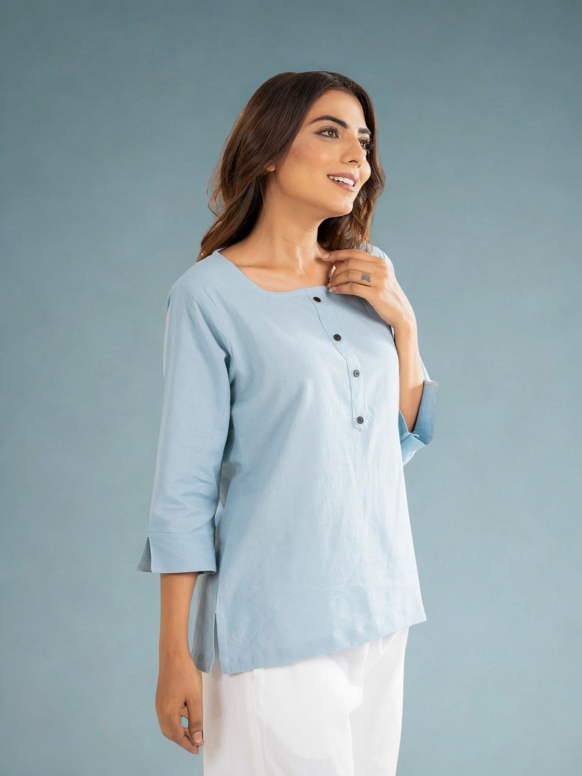 Blue & Light Blue Everyday Cotton Square Neck Top