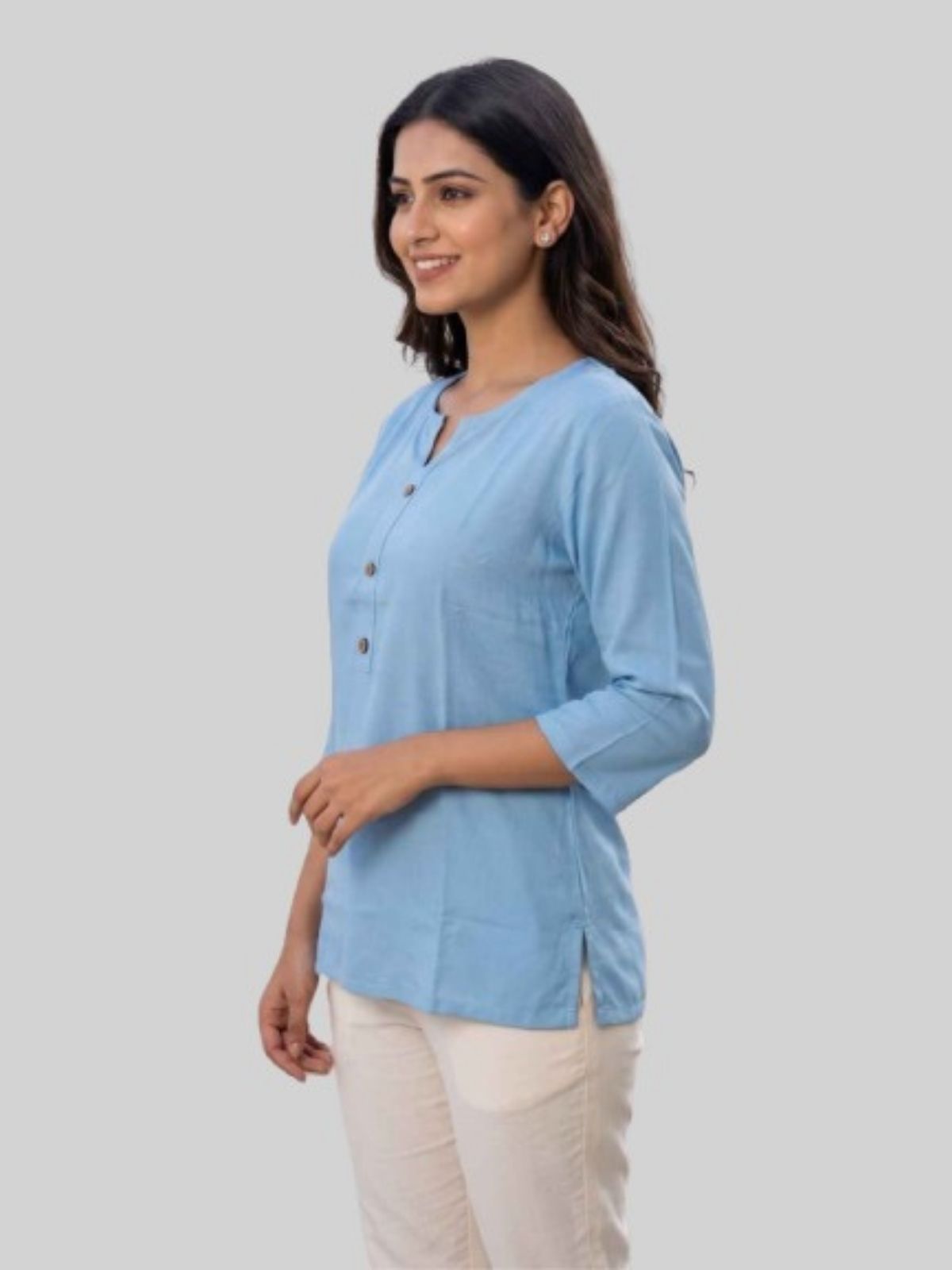 Women SkyBlue & Camel Rayon Short Kurti