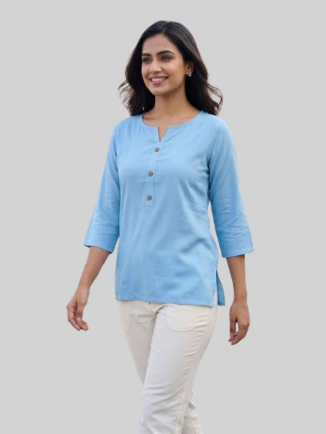 Women SkyBlue & Peach Rayon Short Kurti