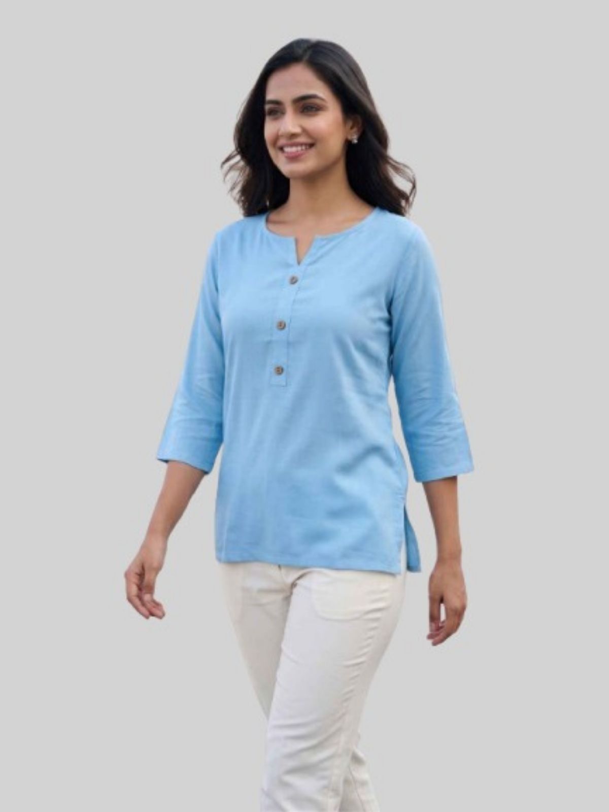 Women Coffee & SkyBlue Rayon Short Kurti