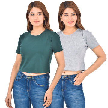 Green & Melange Cotton Hosiery Crop Top Combo