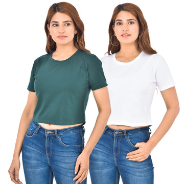 Green & White Cotton Hosiery Crop Top Combo