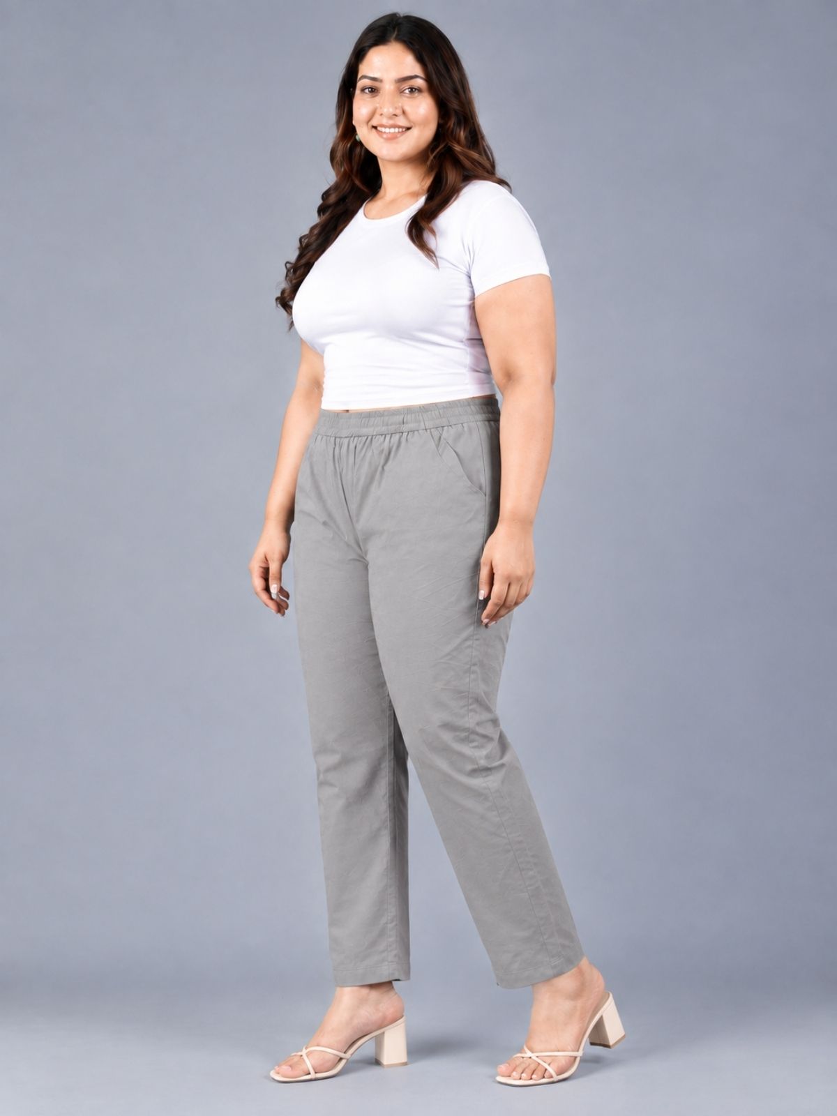 Grey Regular Fit Elastic Plus Sizes Cotton Trouser